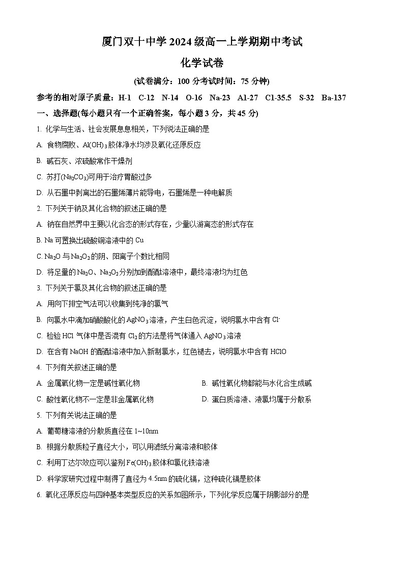 福建省厦门双十中学2024-2025学年高一上学期11月期中考试化学试卷(Word版附解析)01