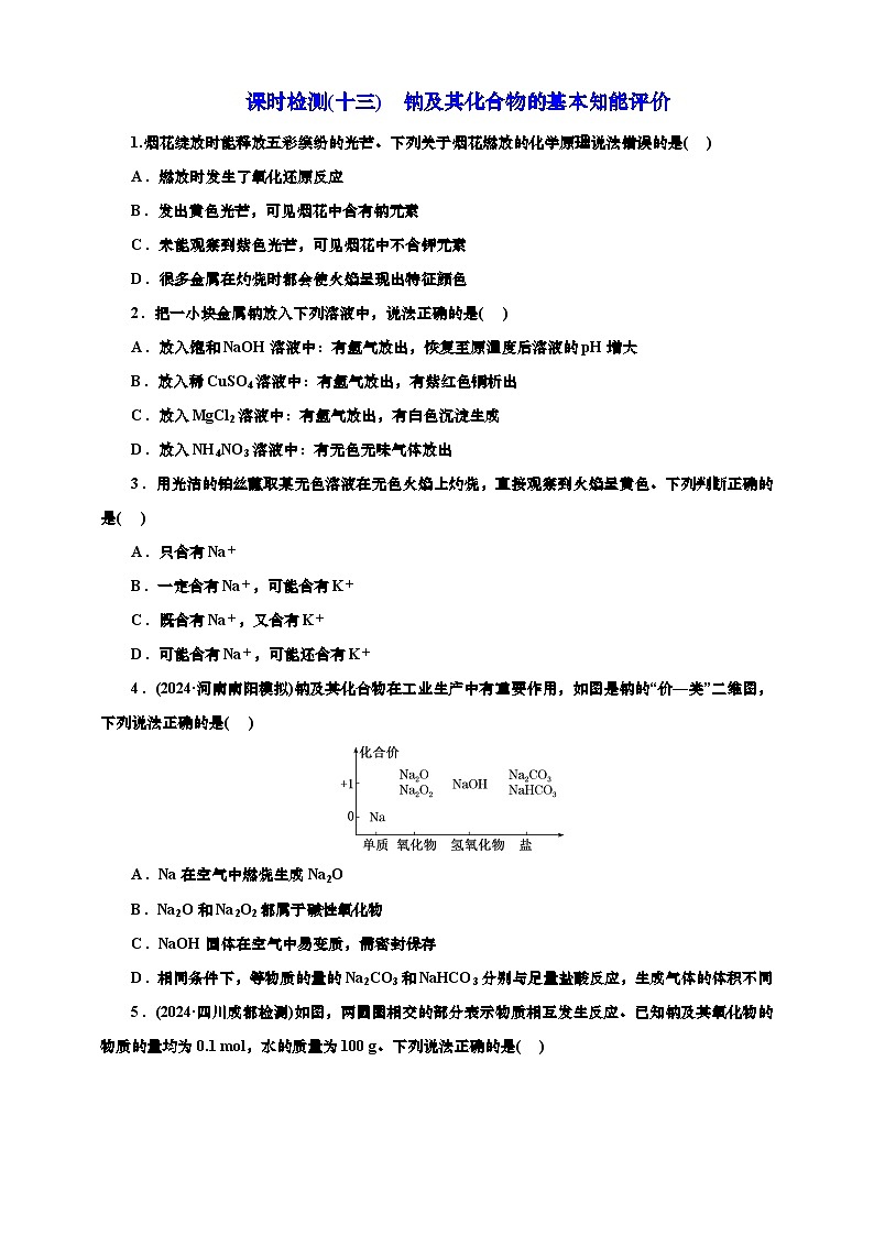 2025年高考化学一轮复习 课时检测十三:钠及其化合物的基本知能评价(含解析)第1页