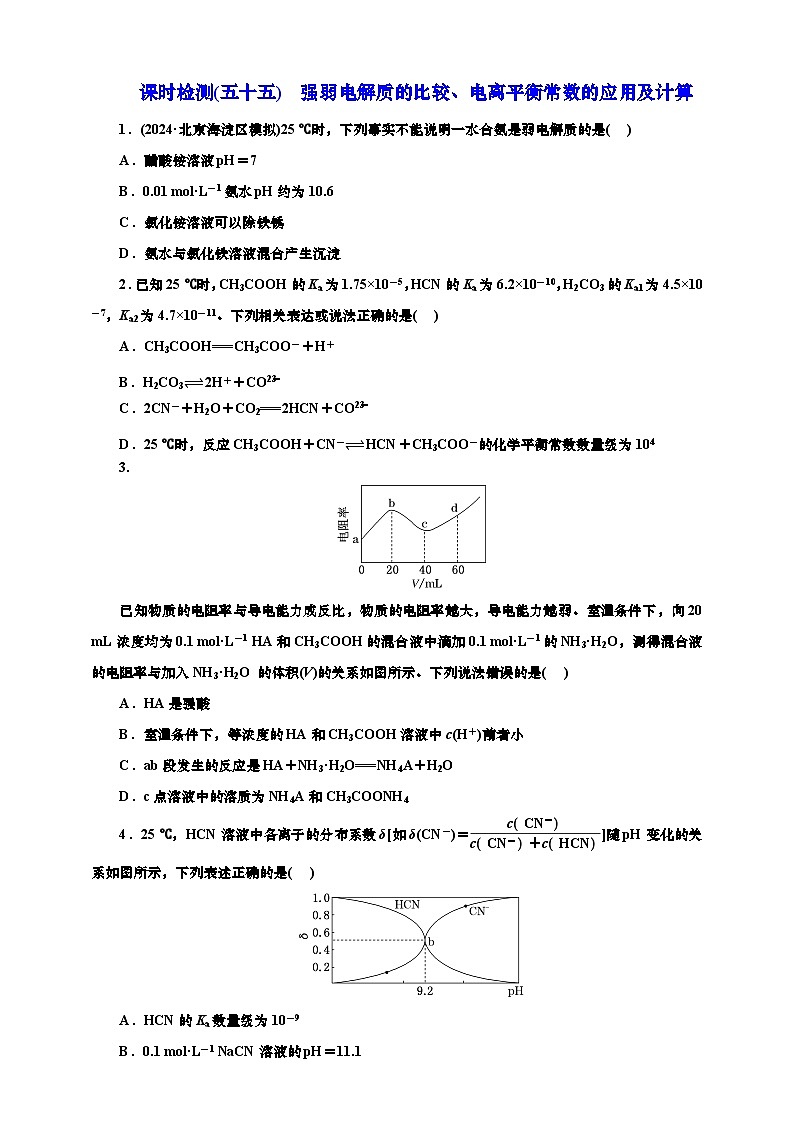 2025年高考化学一轮复习 课时检测五十五:强弱电解质的比较、电离平衡常数的应用及计算(含解析)第1页