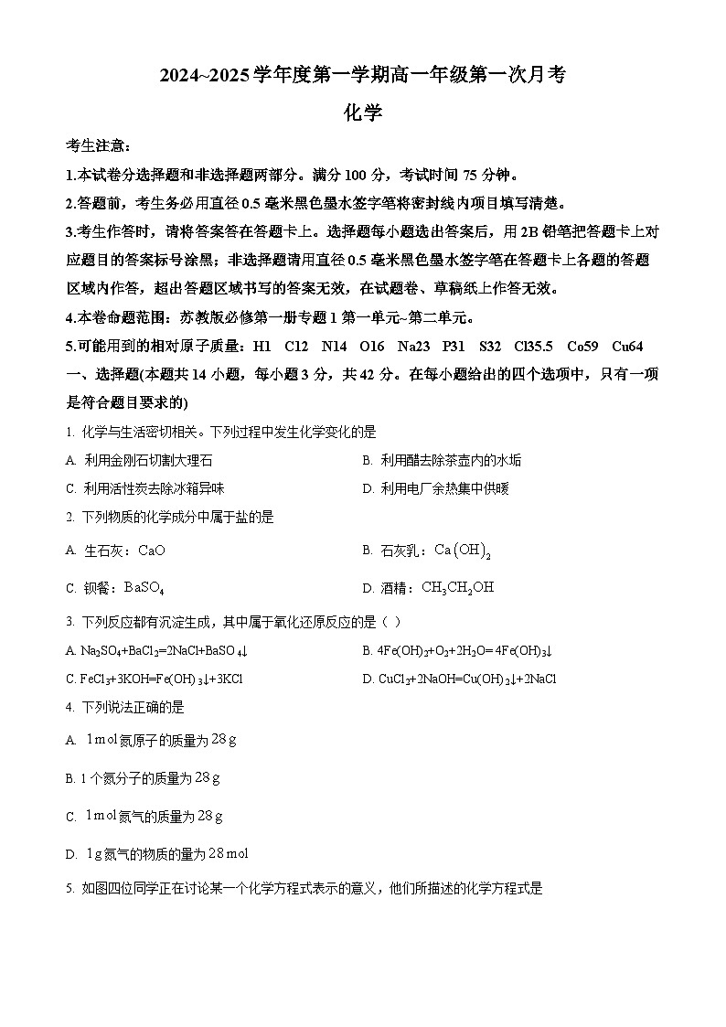 河北省沧州市2024-2025学年高一上学期10月月考化学试题无答案第1页