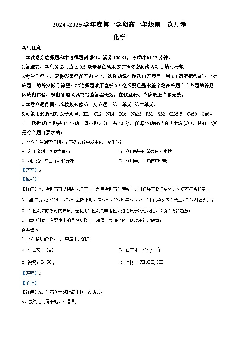 河北省沧州市2024-2025学年高一上学期10月月考化学试题含解析第1页