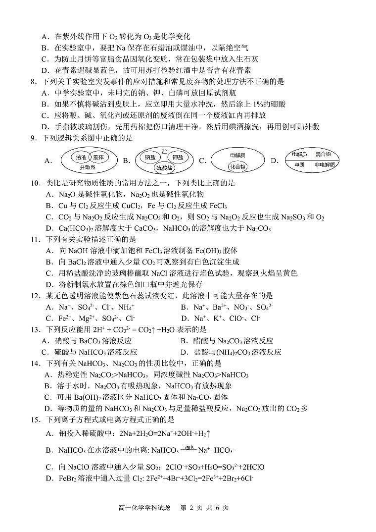 浙江省七彩阳光新高考研究联盟2024-2025学年高一上学期期中化学试卷第2页