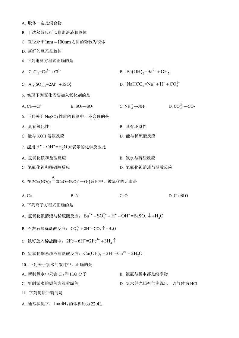 北京市第一六六中学2024~2025学年高一(上)期中化学试卷(含答案)02