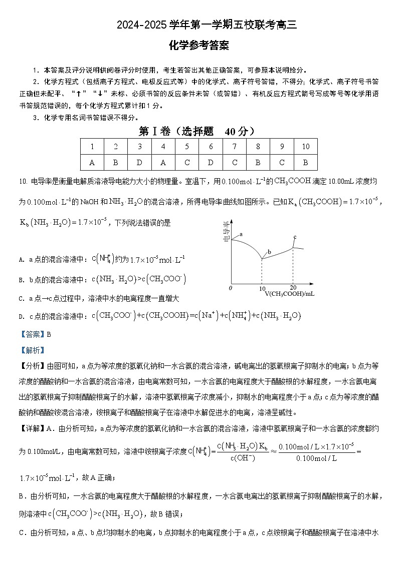 2024-2025学年第一学期联考化学试题参考答案第1页