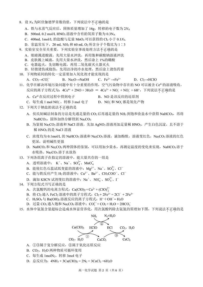浙江省高中联盟2024-2025学年高一上学期期中考试 化学试题(含答案)第2页