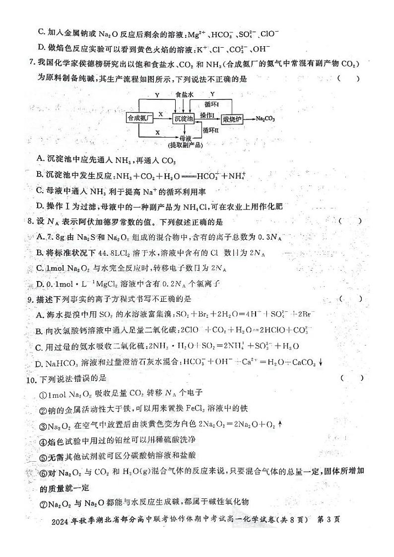 湖北省部分高中联考协作体2024-2025学年高一上学期11月期中考试化学试题(PDF版附解析)第3页