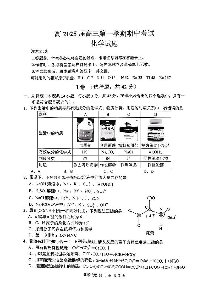 2025重庆市高三上学期10月期中考试化学PDF版含答案01