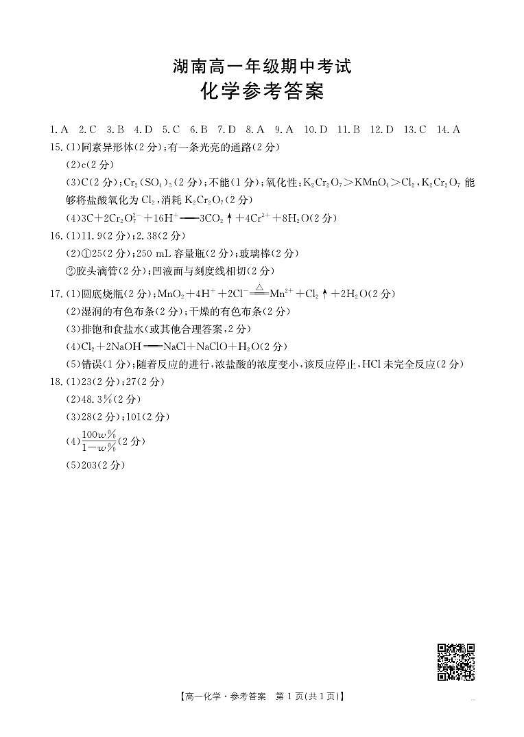 湖南省名校联考联合体2024-2025学年高一上学期期中考试化学试卷(Word版附答案)01