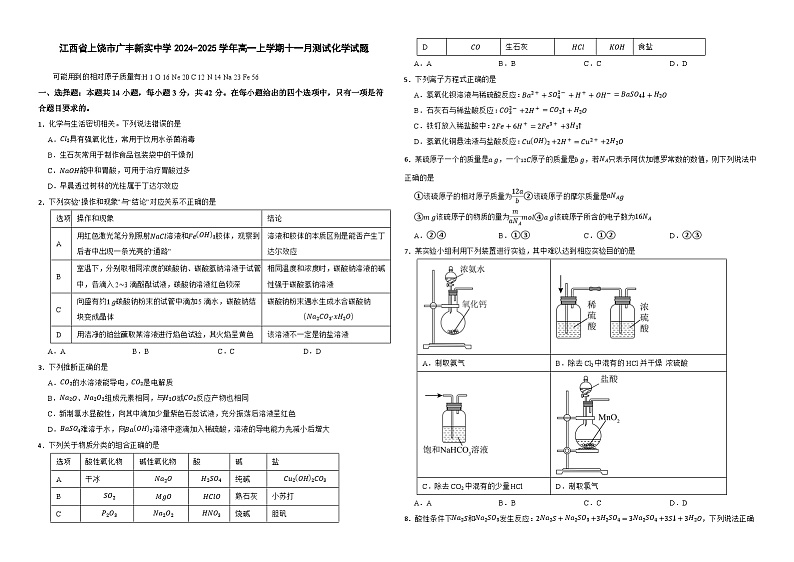 江西省上饶市广丰新实中学2024-2025学年高一上学期十一月测试化学试题第1页