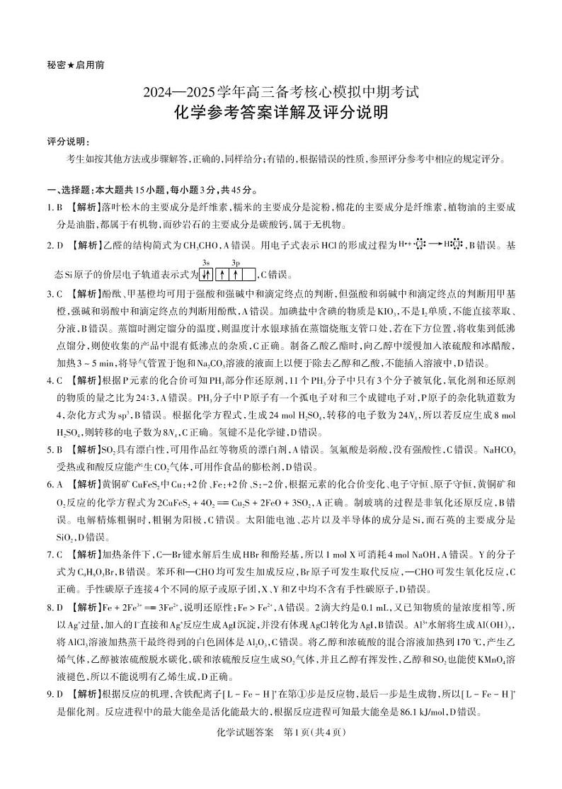 2024-2025学年高三备考核心模拟中期考试答案与详解 化学第1页