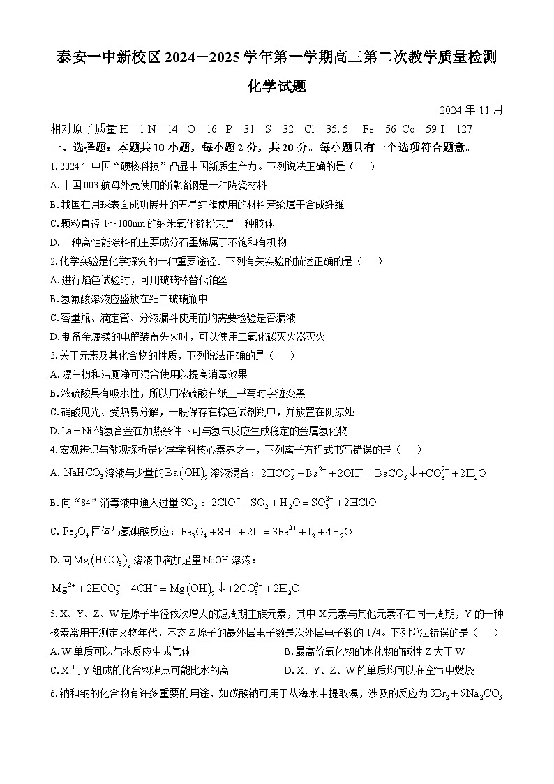 2025泰安一中高三上学期11月月考化学试题无答案第1页