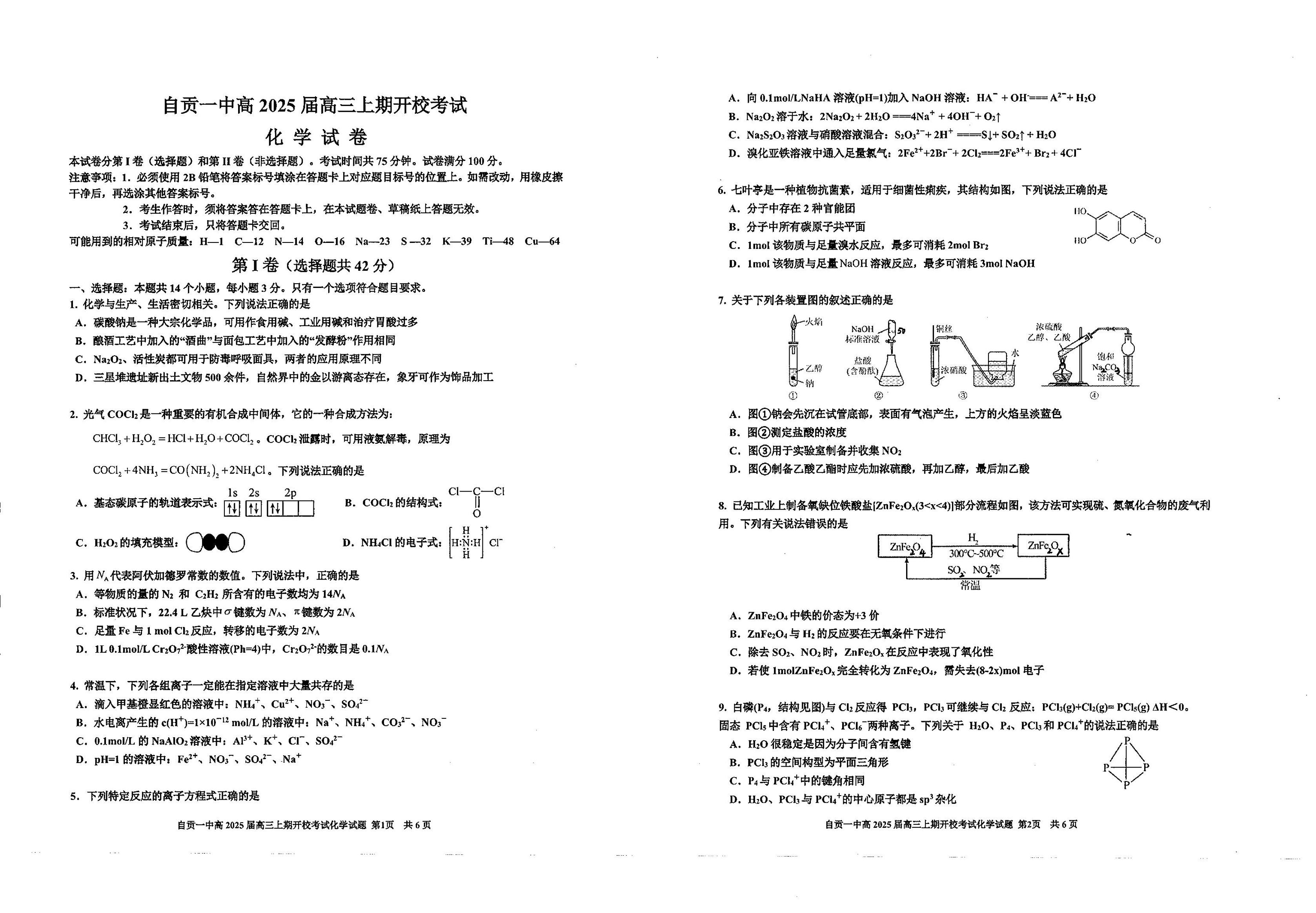 四川省自贡市第一中学校2024-2025学年高三上学期开学考试化学试题