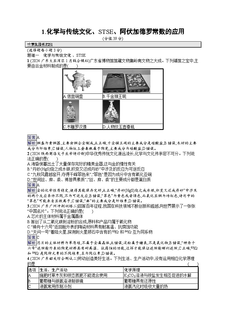 备战2025年高考二轮复习化学(通用版)选择题热点练1 化学与传统文化、STSE、阿伏加德罗常数的应用(Word版附解析)第1页