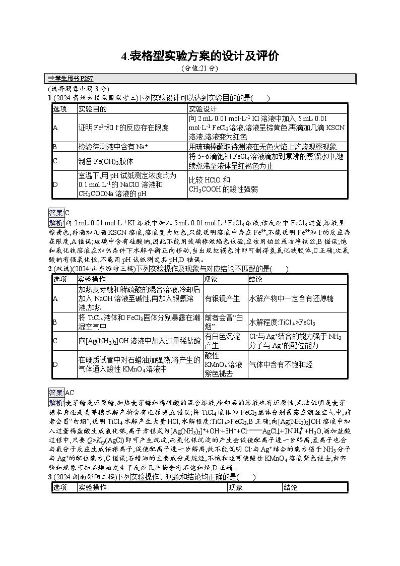 备战2025年高考二轮复习化学(山东版)选择题热点练4 表格型实验方案的设计及评价(Word版附解析)第1页