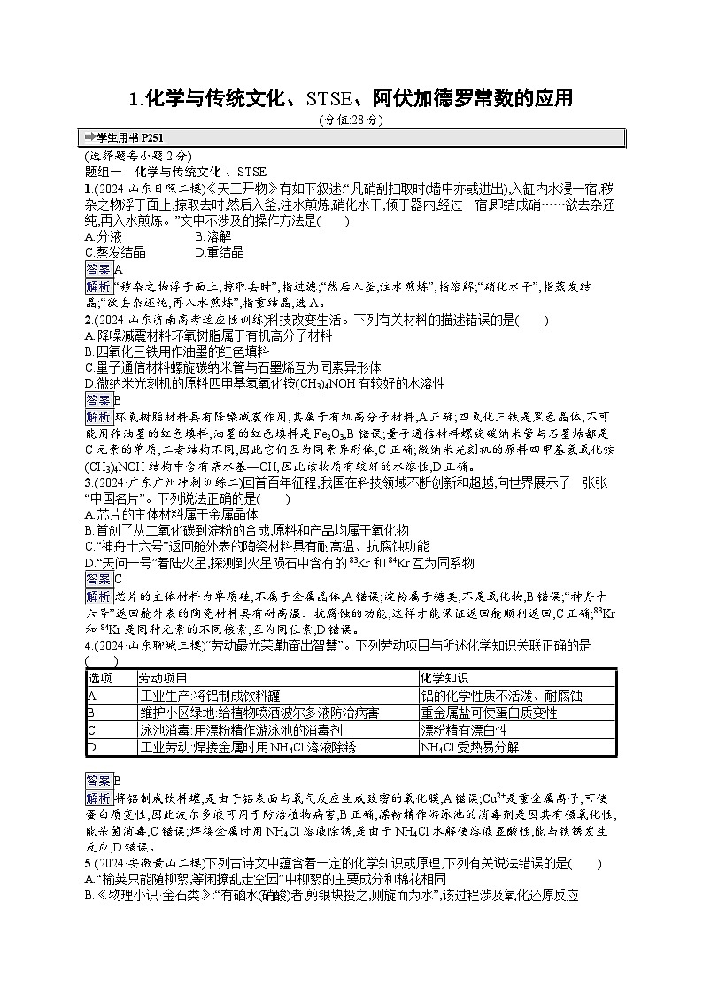 备战2025年高考二轮复习化学(山东版)选择题热点练1 化学与传统文化、STSE、阿伏加德罗常数的应用(Word版附解析)第1页