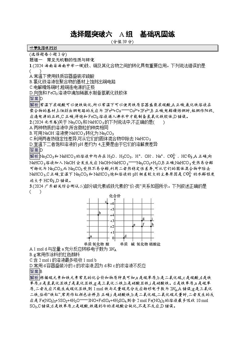 备战2025年高考二轮复习化学(湖南版)大单元选择题突破练6 A组(Word版附解析)01