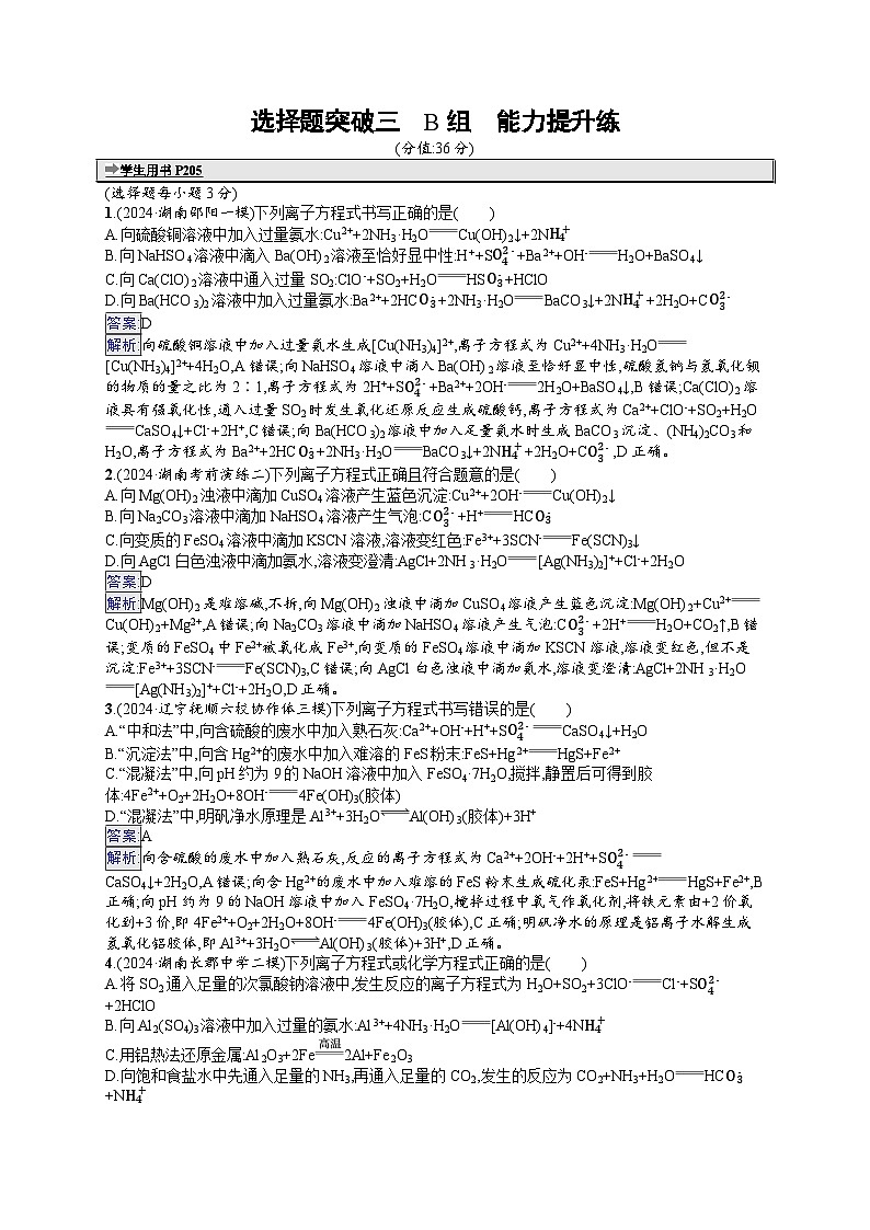 备战2025年高考二轮复习化学(湖南版)大单元选择题突破练3 B组(Word版附解析)第1页