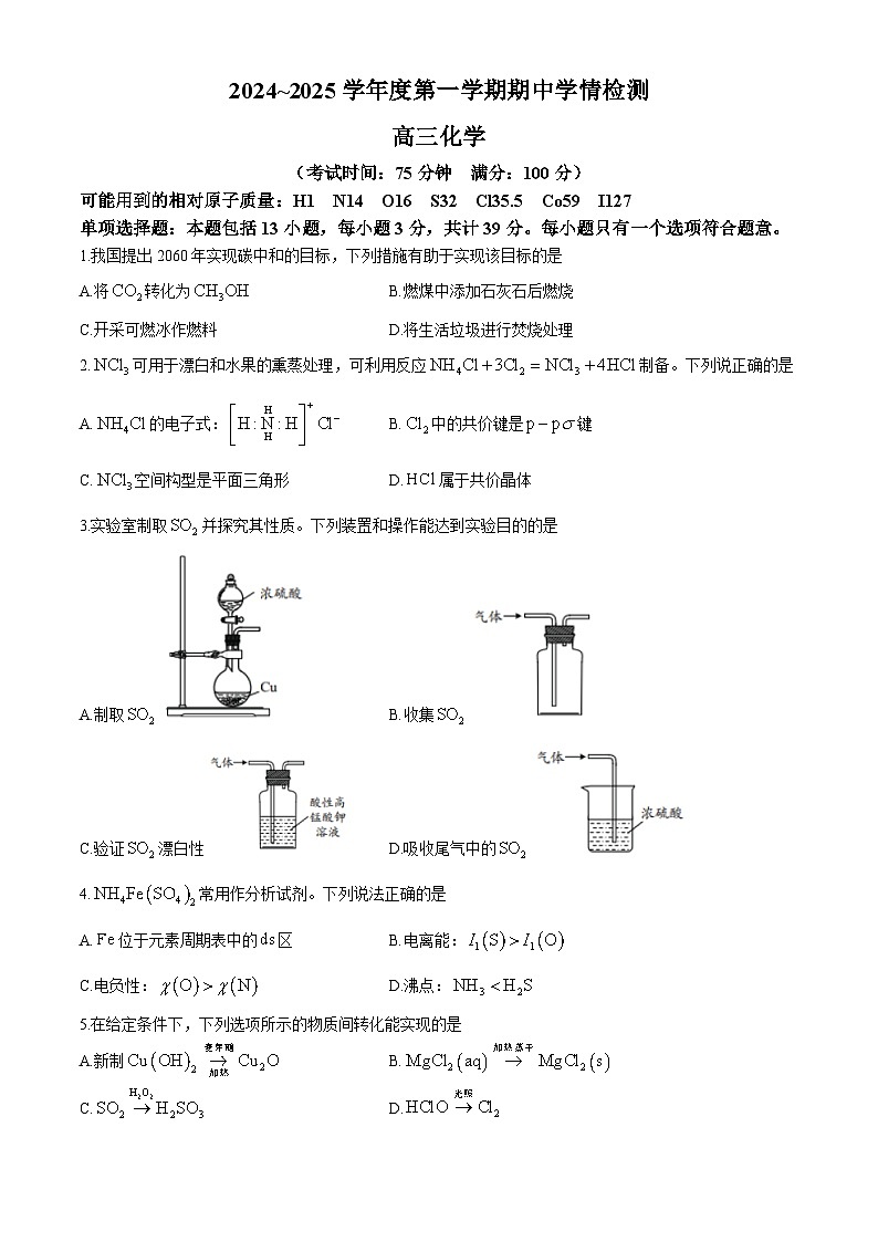 江苏省南通市如东县2024-2025学年高三上学期期中质量监测化学试卷第1页