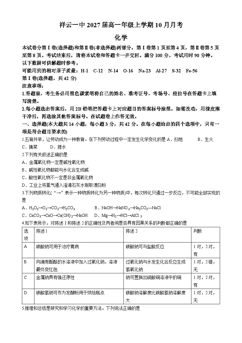云南省祥云县第一中学2024-2025学年高一上学期期中检测 化学试题第1页