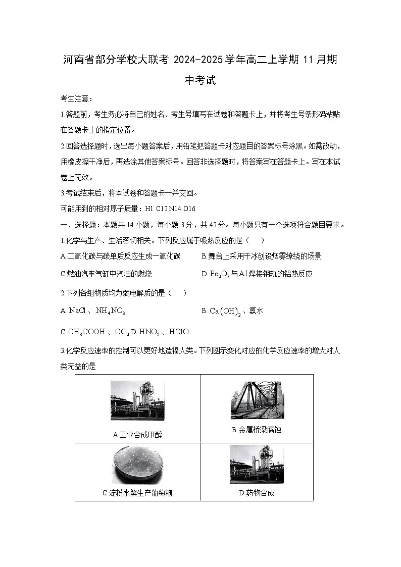 2024-2025学年河南省部分学校大联考高二(上)11月期中考试化学试卷01