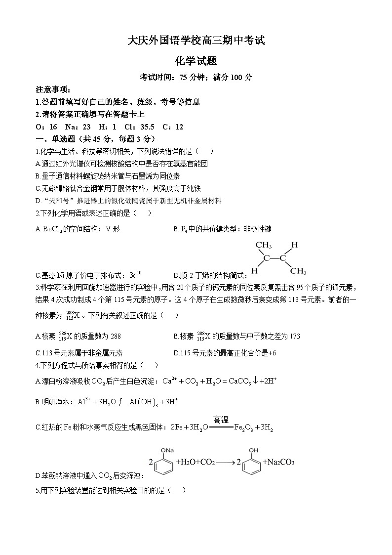 黑龙江省大庆外国语学校2024-2025学年高三上学期期中考试 化学试卷第1页