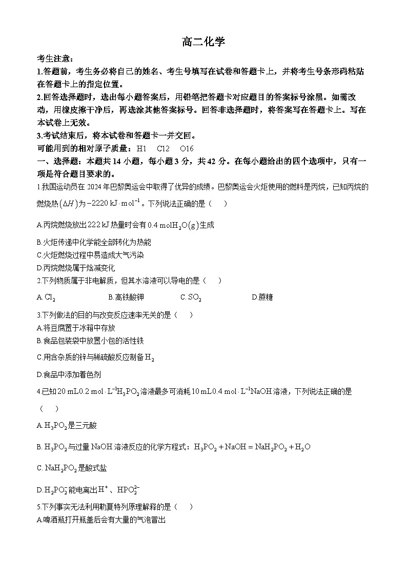 湖南省邵阳市第二中学等校联考2024-2025学年高二上学期期中考试 化学试题第1页