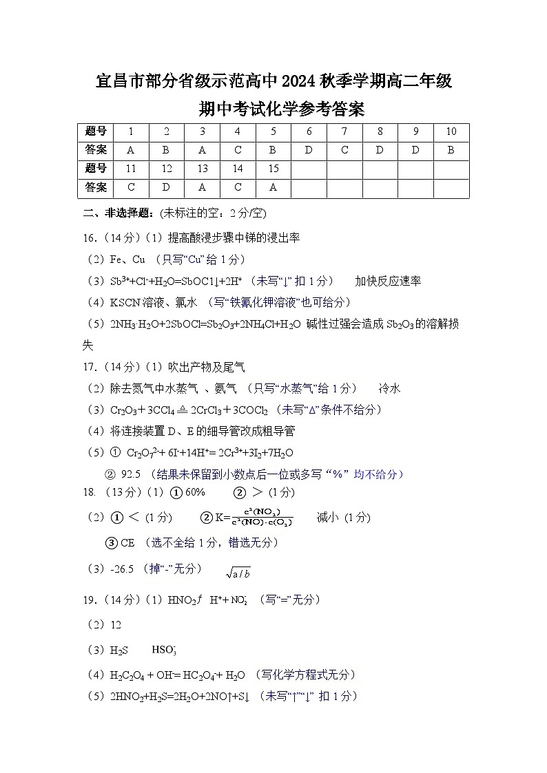 湖北省宜昌市部分示范高中2024-2025学年期中联考高二化学试题答案第1页