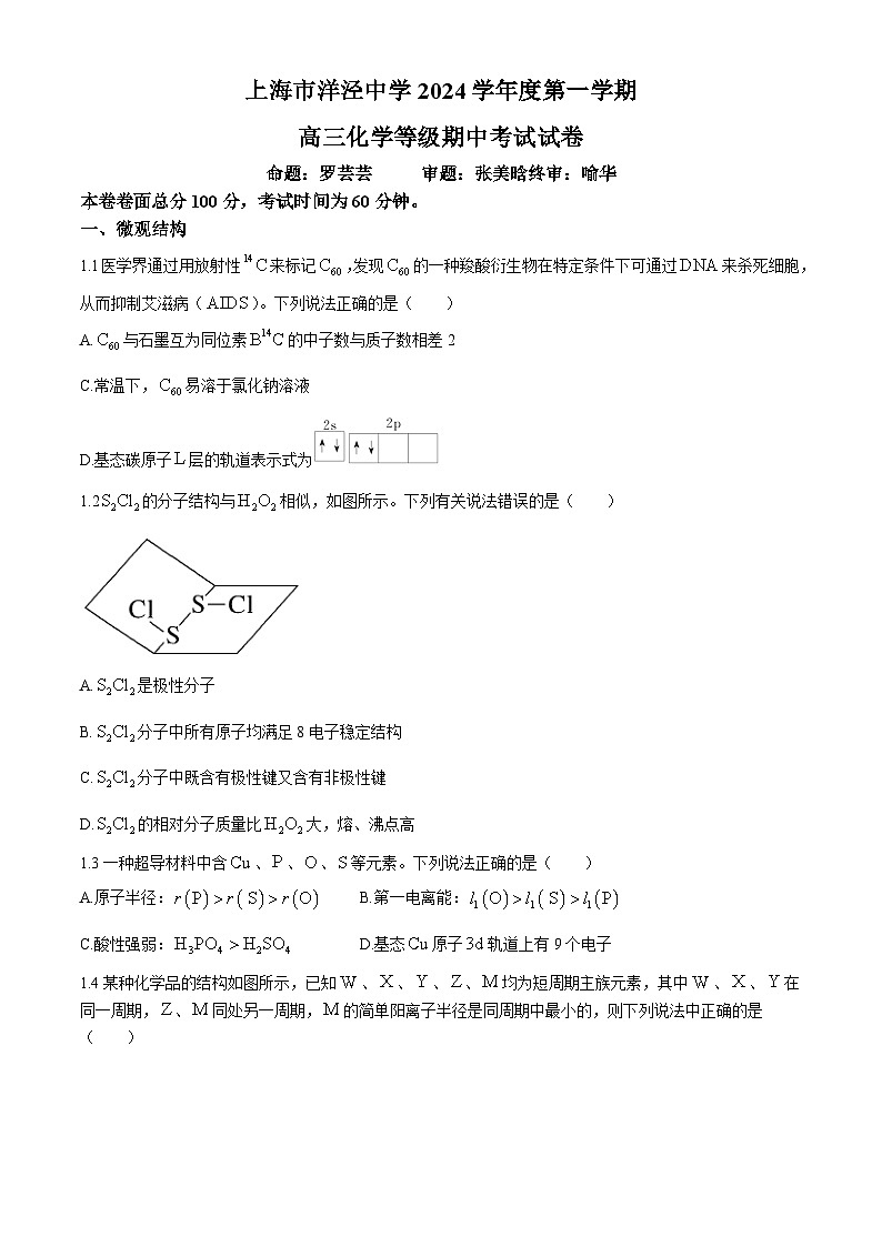 上海市洋泾中学2024-2025学年高三上学期期中考试 化学试卷01