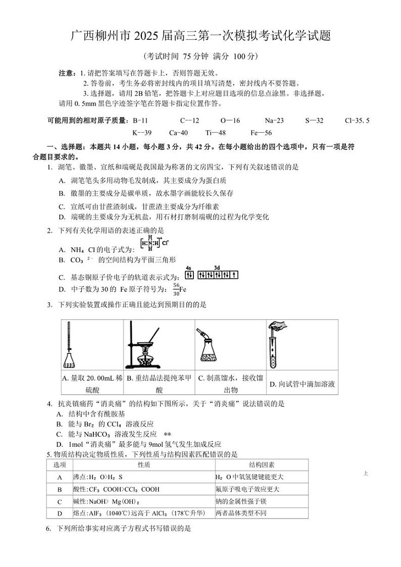 2024~2025学年广西柳州市高三第一次模拟考试化学试卷(含答案)第1页