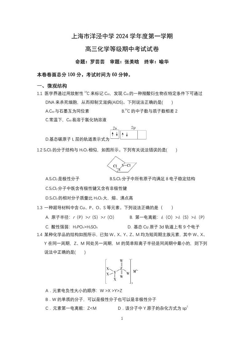 上海市洋泾中学2024-2025学年高三上学期期中考试 化学试卷第1页