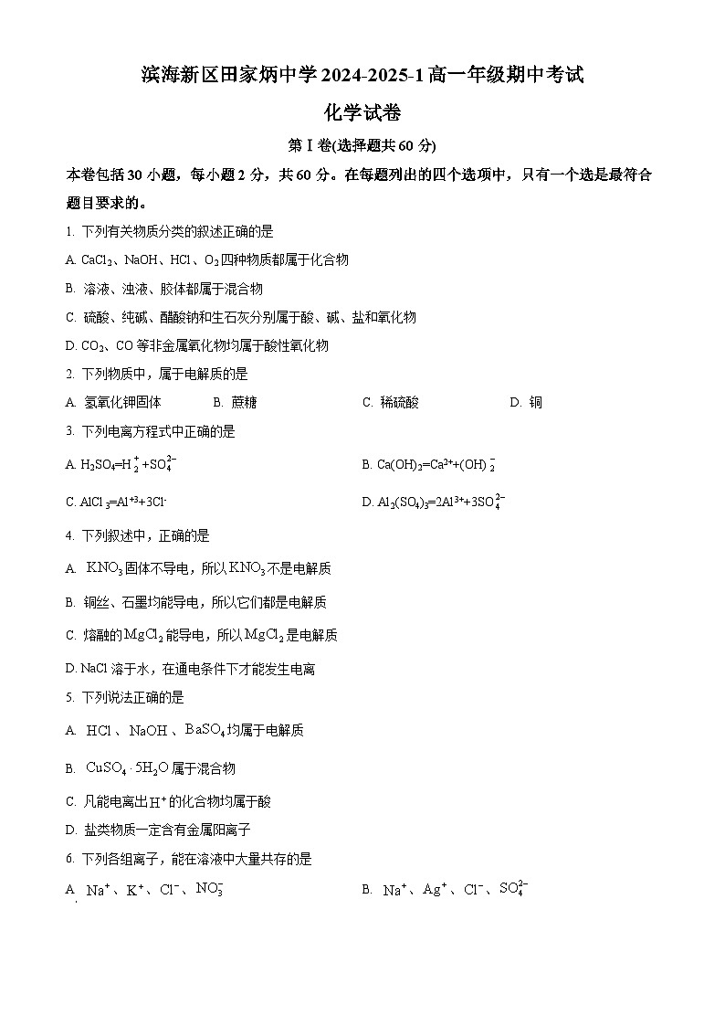 精品解析:天津市滨海新区田家炳中学2024-2025学年高一上学期期中考试 化学试题(原卷版)第1页