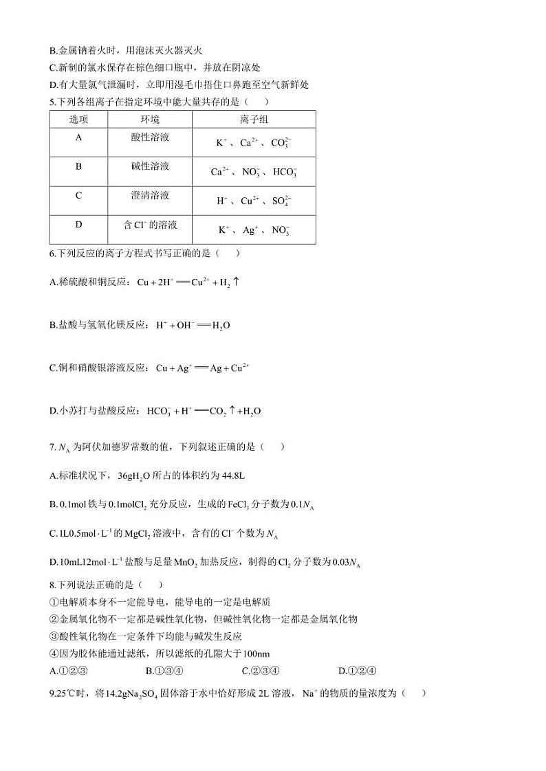 福建省部分达标学校2024-2025学年高一上学期11月期中考试化学试题(含答案)第2页