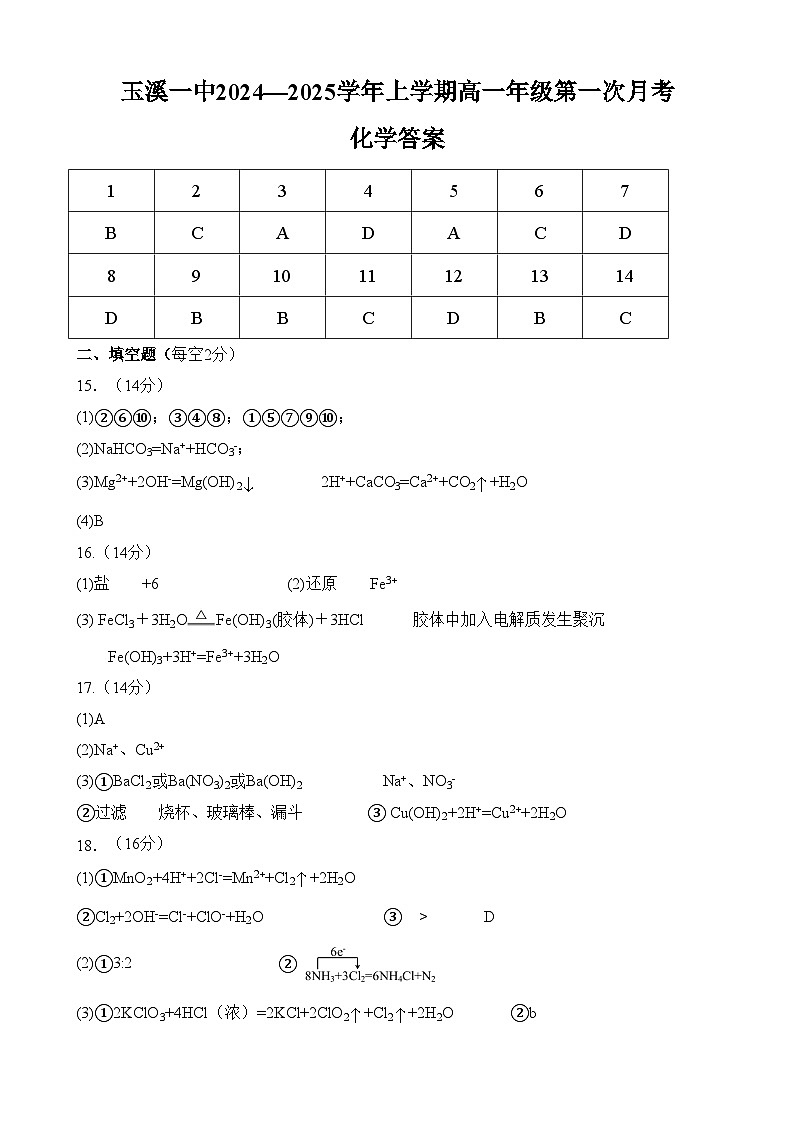 玉溪一中2027届高一上学期化学月考答案第1页
