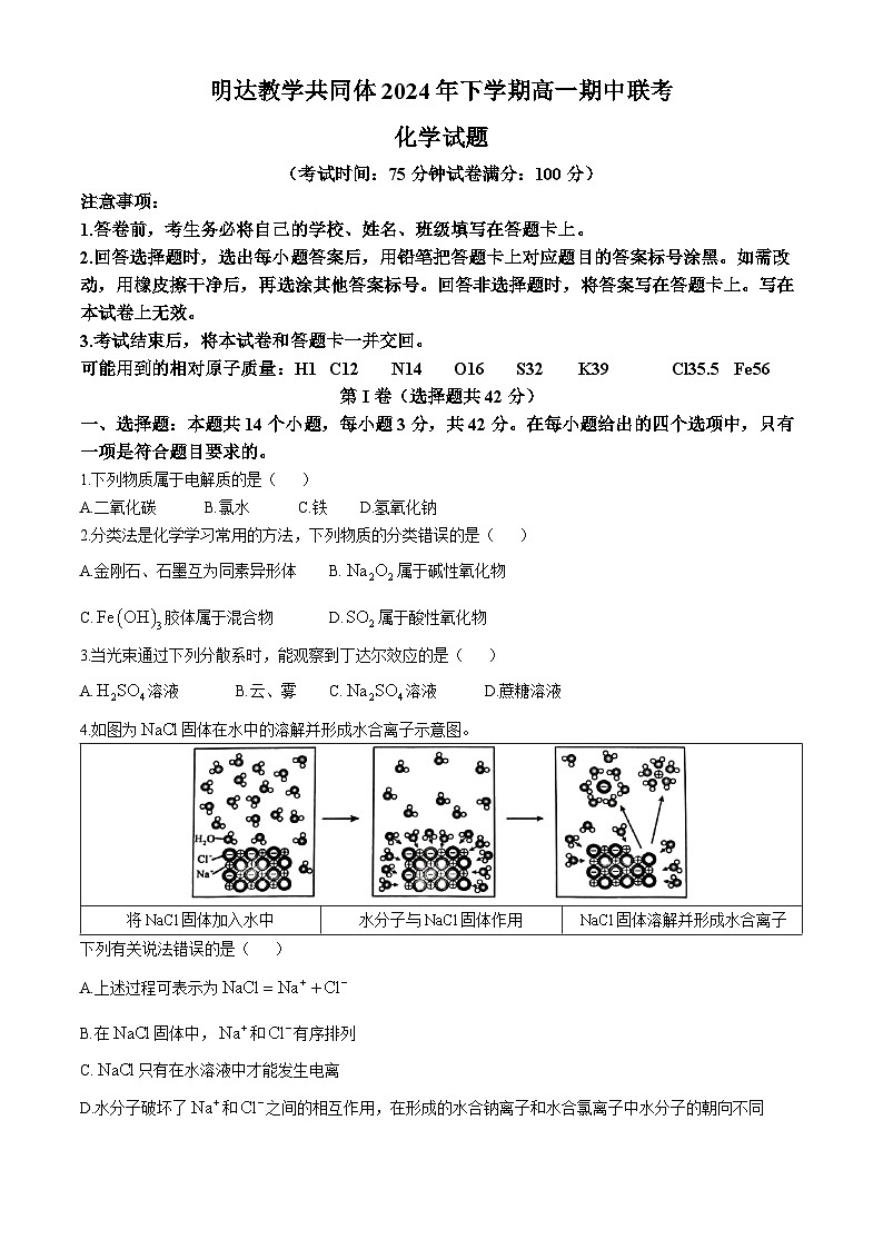 湖南省长沙市明达高级中学2024-2025学年高一上学期期中联考 化学试卷第1页
