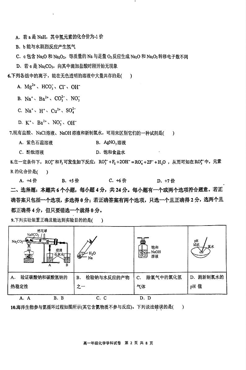 海南省先锋联盟2024-2025学年高一上学期11月期中考试化学试卷(PDF版附答案)第2页