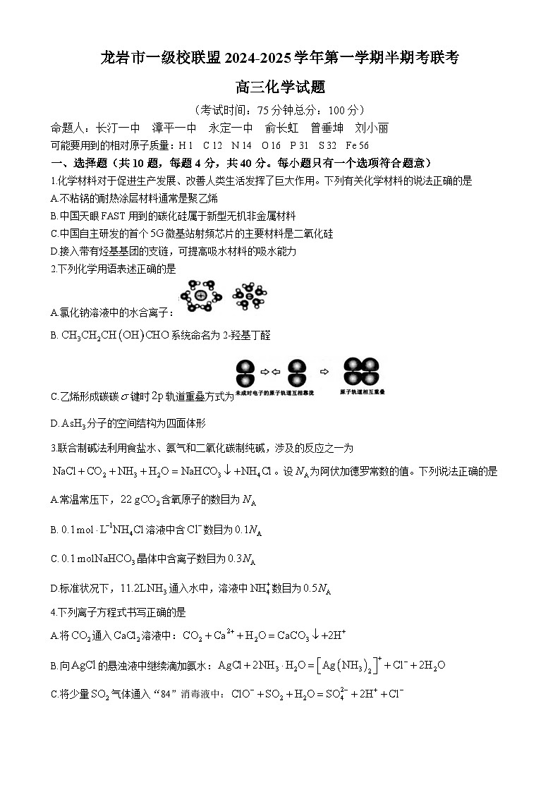 福建省龙岩一级校联盟2024-2025学年高三上学期期中考试 化学试卷第1页