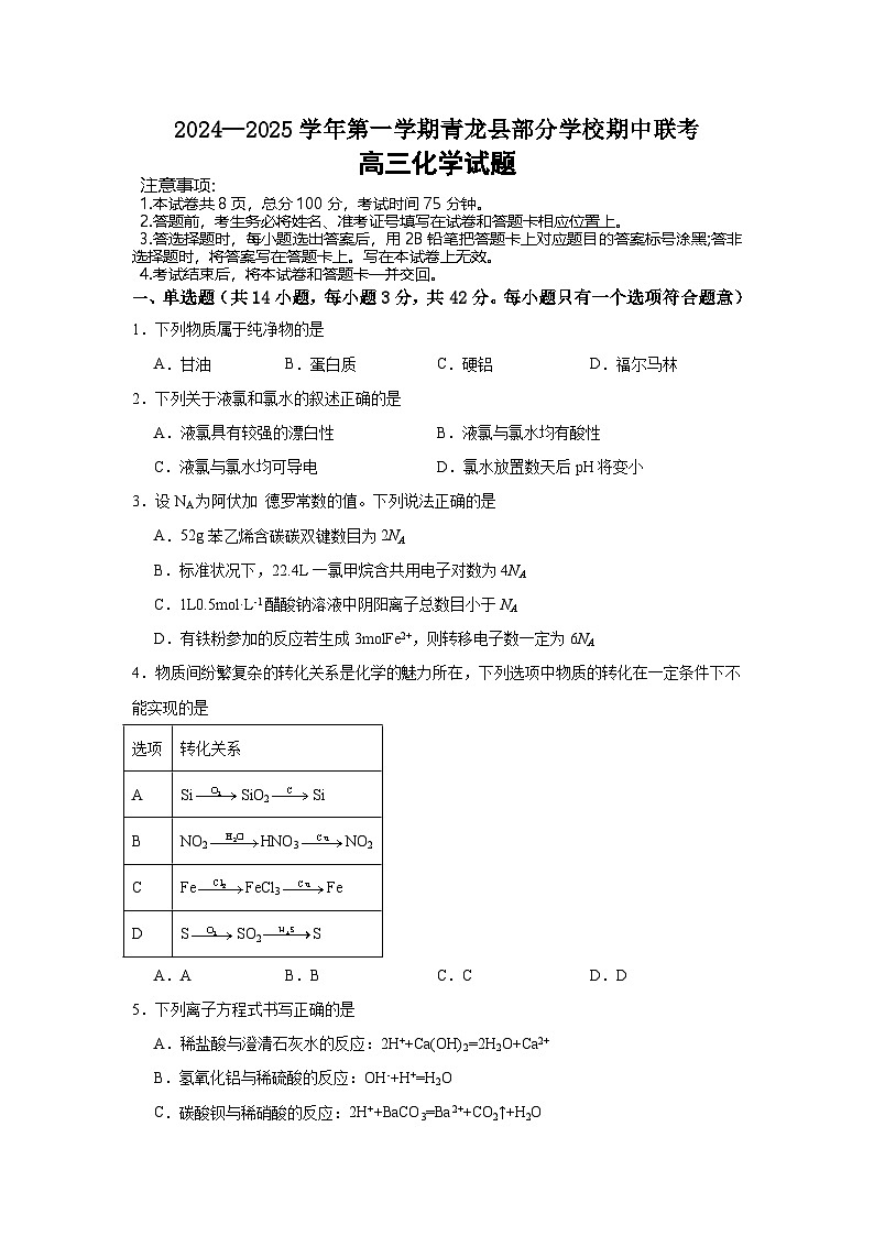 河北省秦皇岛市青龙满族自治县青龙部分学校2024-2025学年高三上学期11月期中化学试题第1页