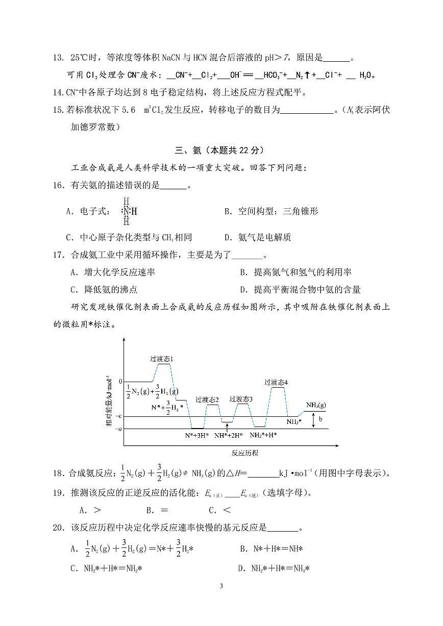 上海海洋大學(xué)附屬大團高級中學(xué)2024-2025學(xué)年高三上學(xué)期期中考試化學(xué)試卷第3頁