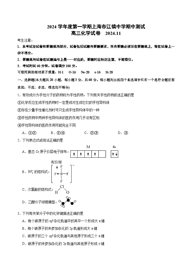 上海市江鎮(zhèn)中學(xué)2024-2025學(xué)年高三上學(xué)期期中考試化學(xué)試卷第1頁(yè)