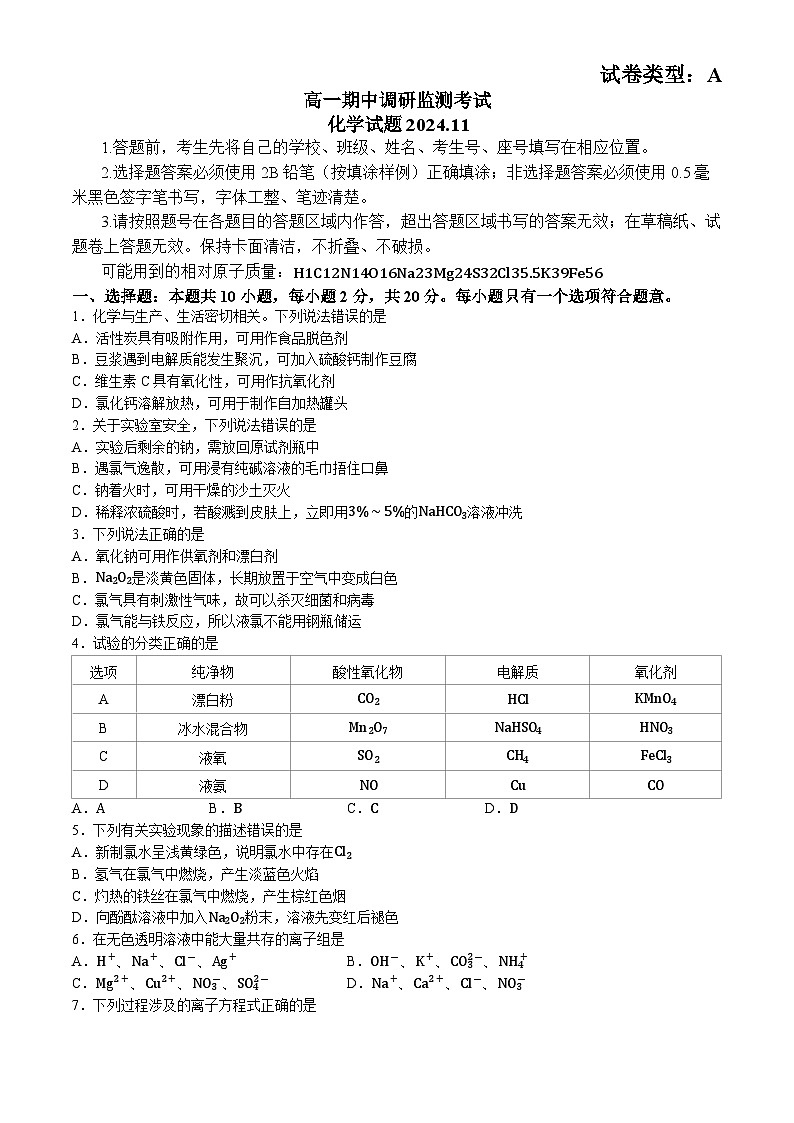 山东省潍坊市2024-2025学年高一上学期化学11月期中考试试卷(无答案)(01)第1页