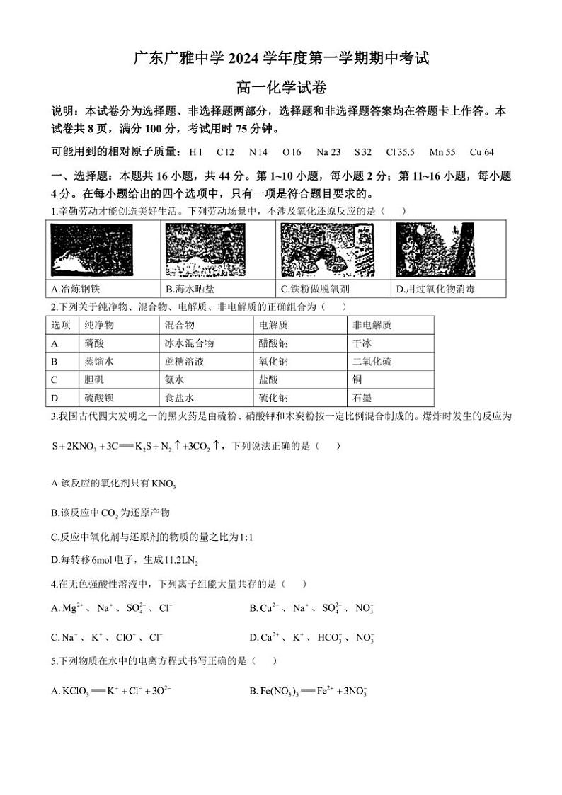 广东广雅中学2024~2025学年高一(上)期中化学试卷(含答案)第1页