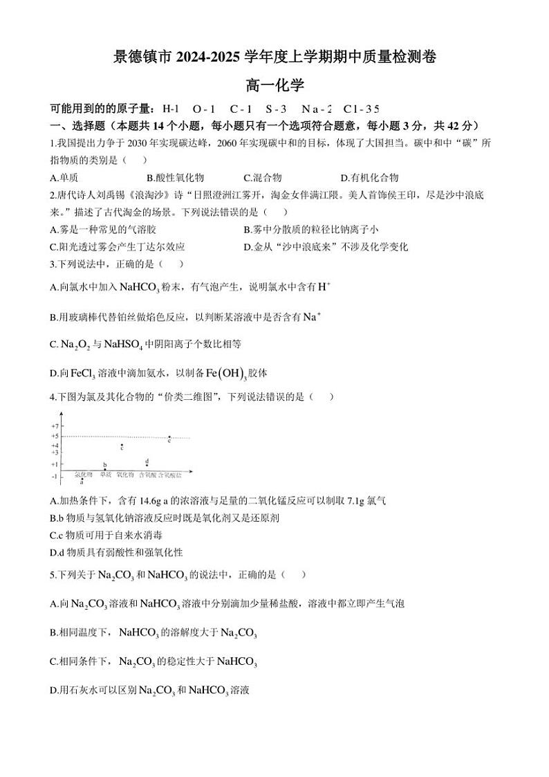 江西省景德镇市乐平市2024~2025学年高一(上)期中化学试卷(含答案)第1页
