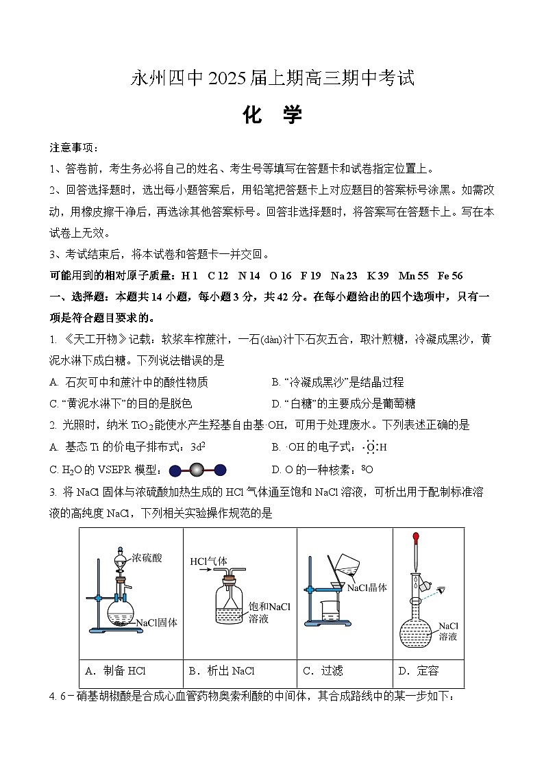 湖南省永州市第四中学2024-2025学年高三上学期期中考试 化学试题第1页