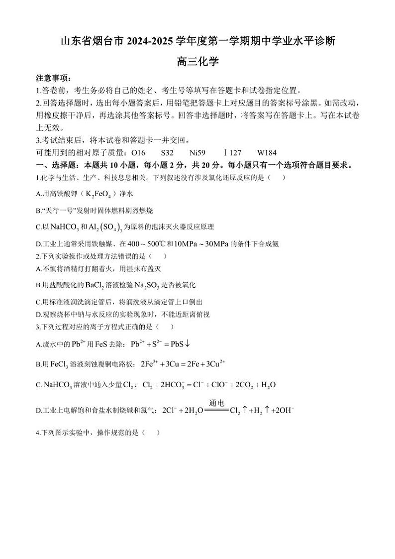 山东省烟台市2024~2025学年高三(上)化学期中试卷(含答案)第1页