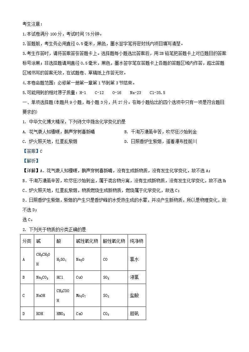 山西省运城市2023_2024学年高一化学上学期10月月考试题含解析第1页