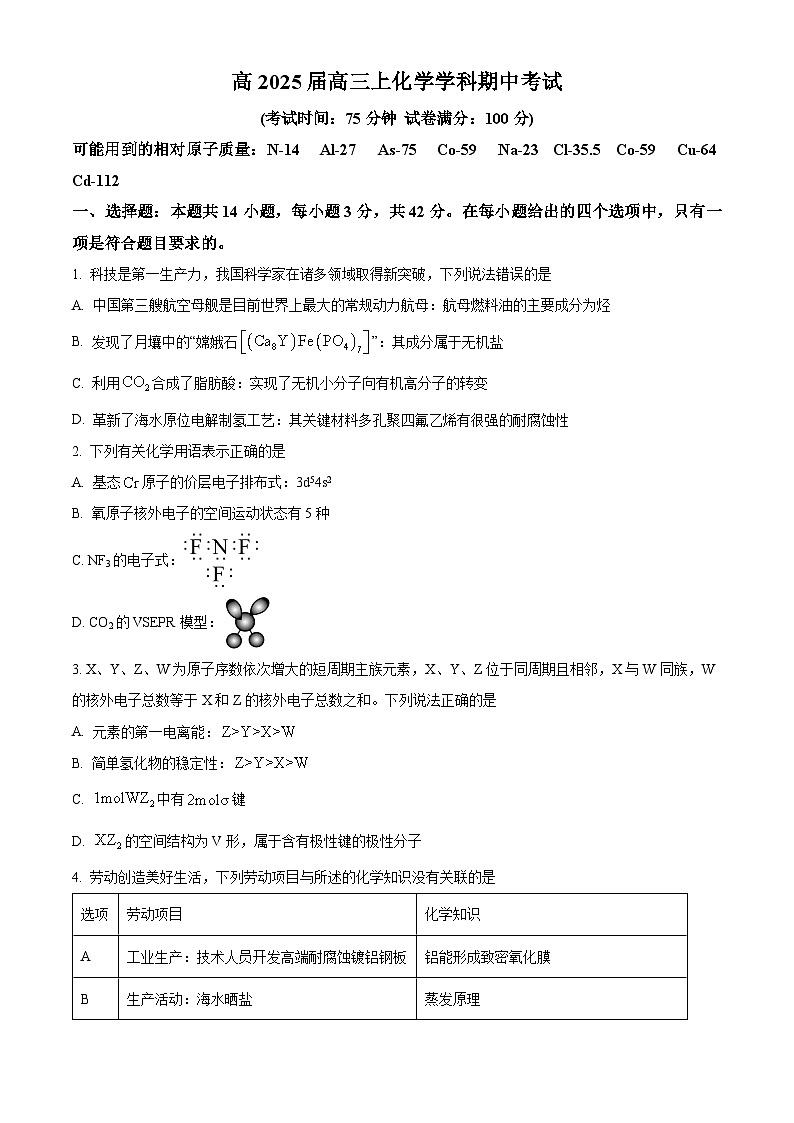 四川省自贡市旭川中学2024-2025学年高三上学期11月期中考试 化学试题 Word版无答案第1页