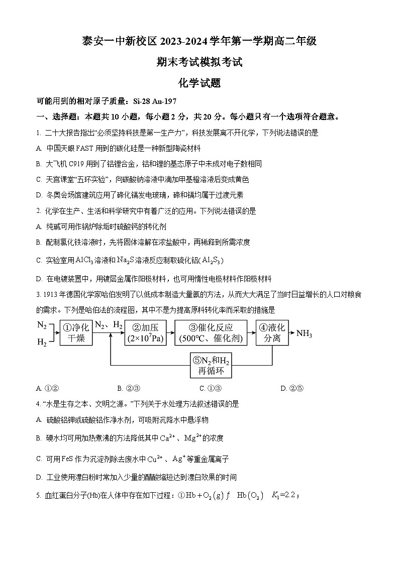 山东省泰安第一中学2023-2024学年高二上学期1月月考化学试题第1页