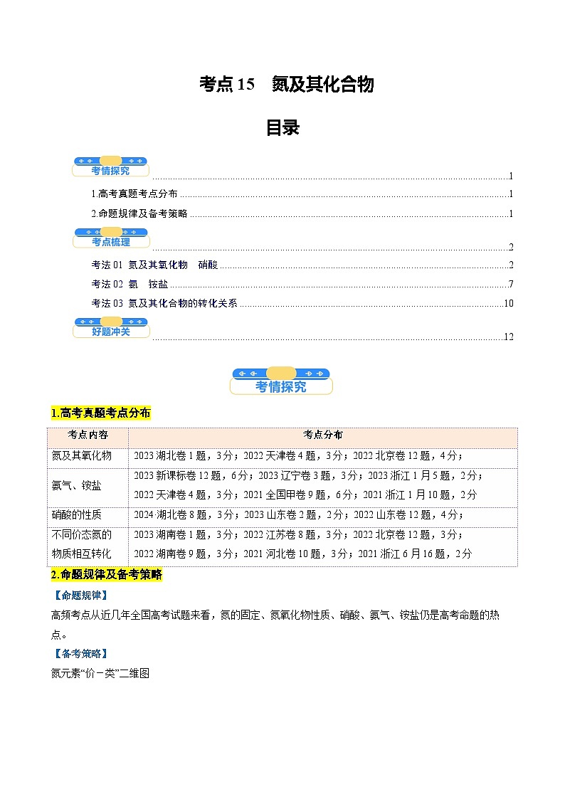 考点15 氮及其化合物(核心考点精讲精练)-2025年高考化学一轮复习讲练专题(新高考通用)(原卷版)第1页