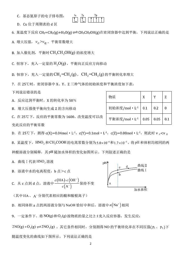 高2023级高二上半期考化学试题第2页