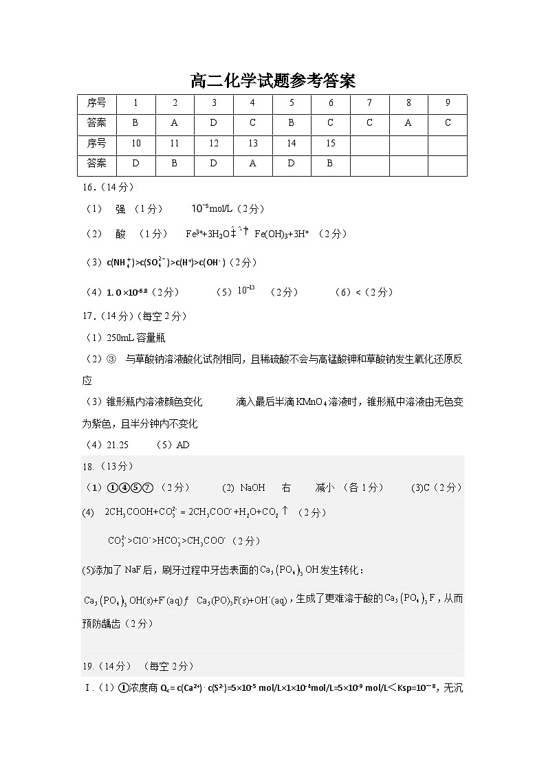 高二化学试题参考答案第1页